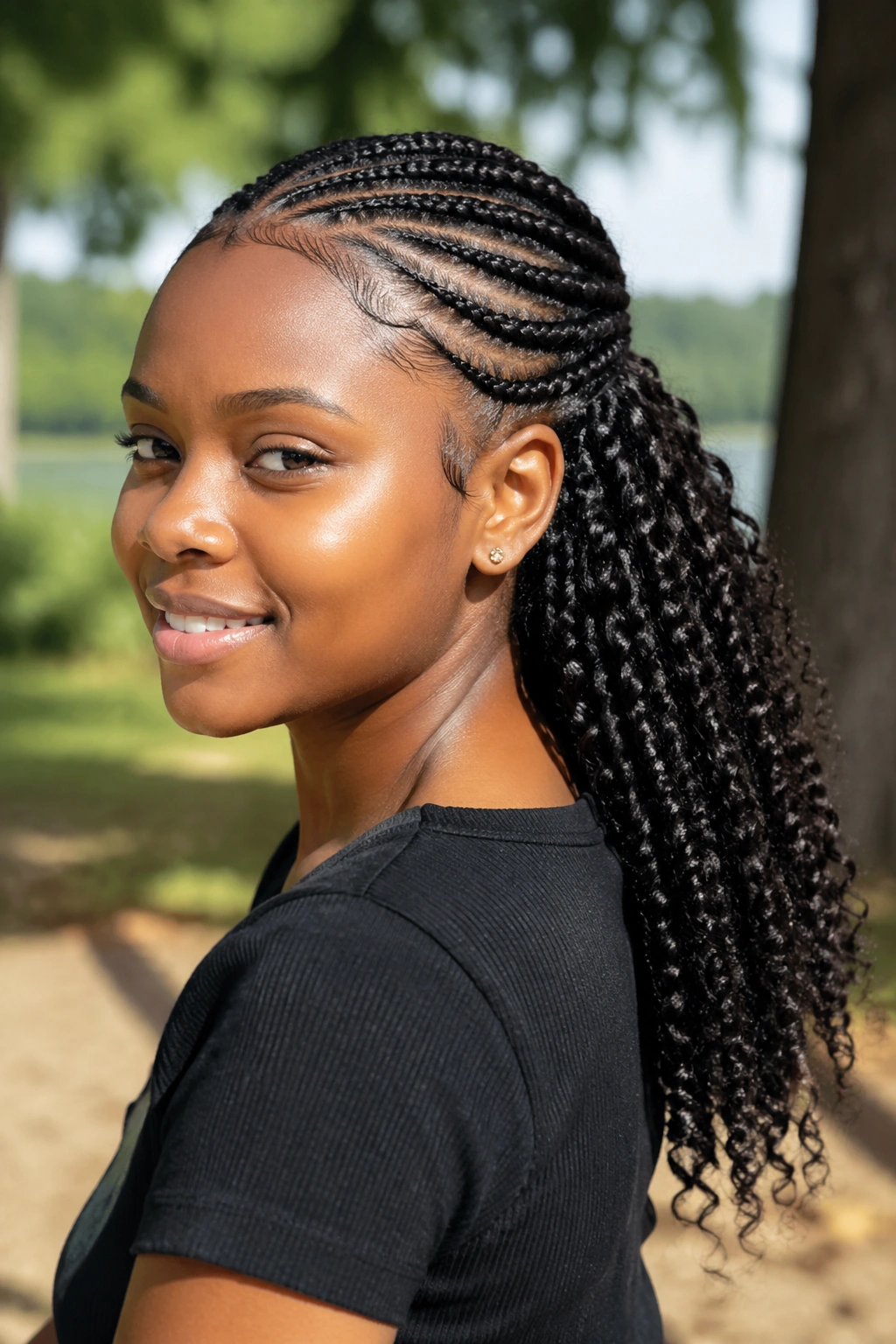 Close-up of a real person with Ghana braids at the front and curls back