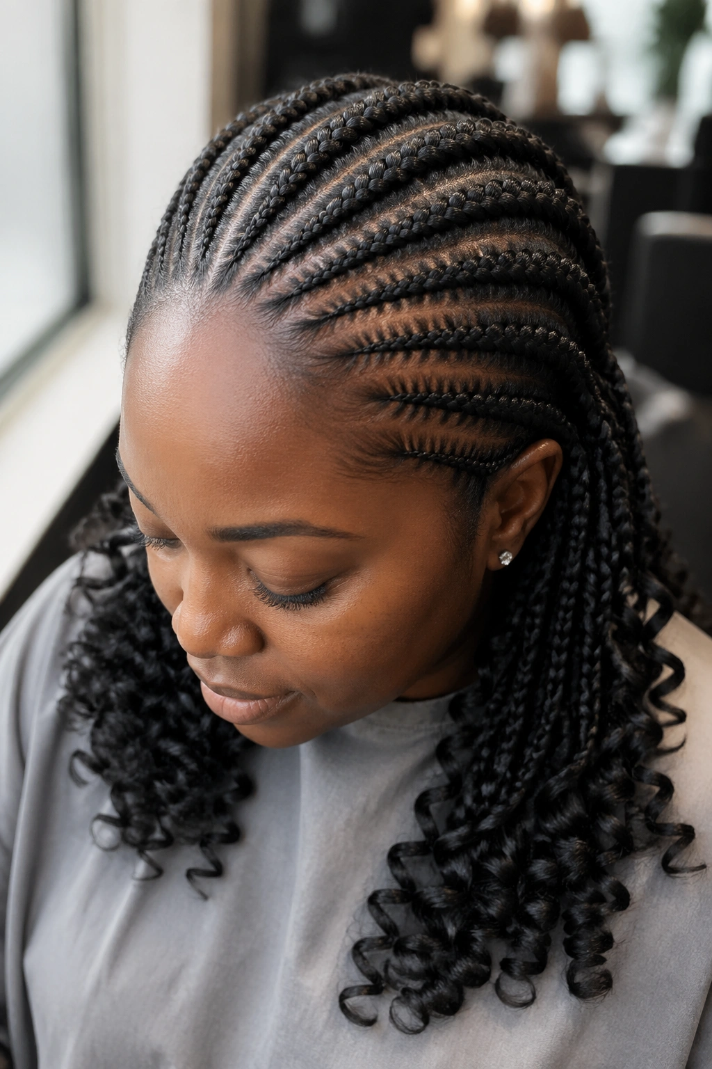 Close-up of Ghana braids with tapered ends on a real person