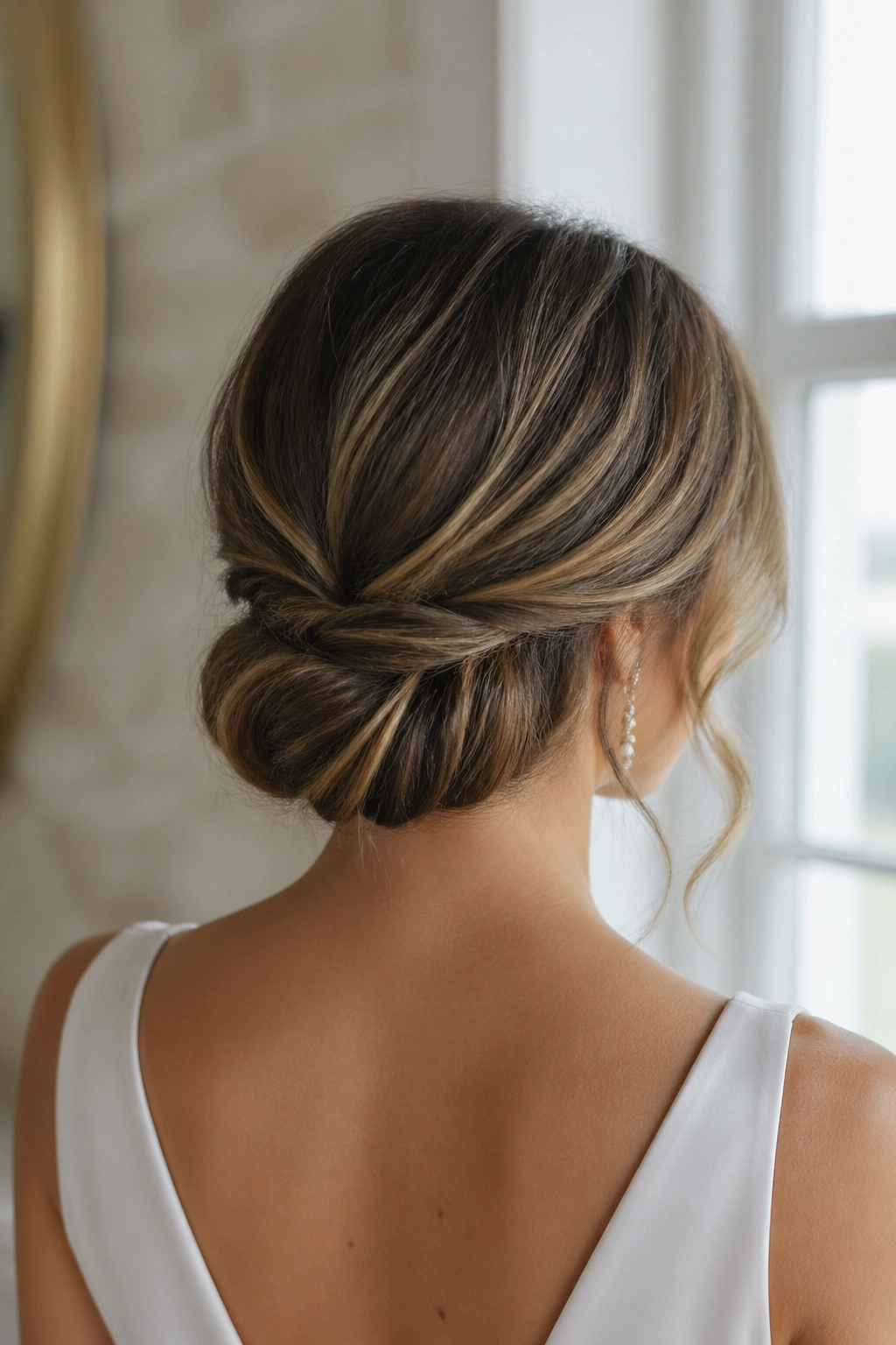 Back view of a real bride showing a Gibson tuck with wavy ends at the nape.