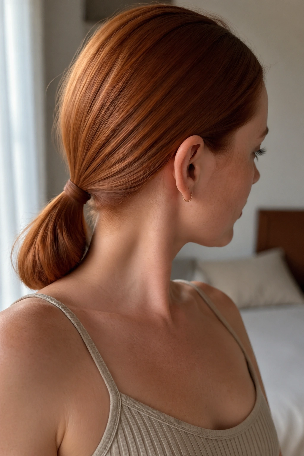 Close-up of a real person with a sleek ginger low ponytail at the nape, clean and minimal