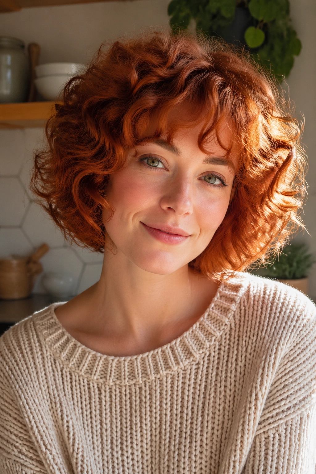 Close-up portrait of a real woman with ginger red curly bob and airy fringe