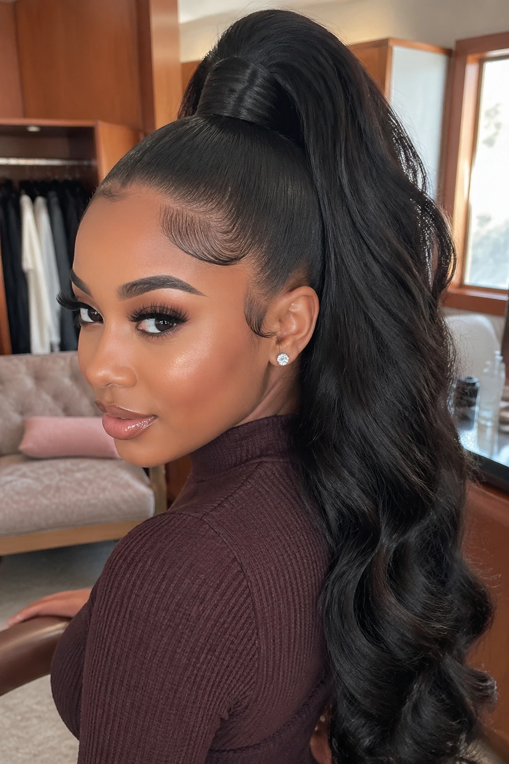Close-up of a real woman with a big glam ponytail featuring a full crown and long tail in a warm dressing-room setting