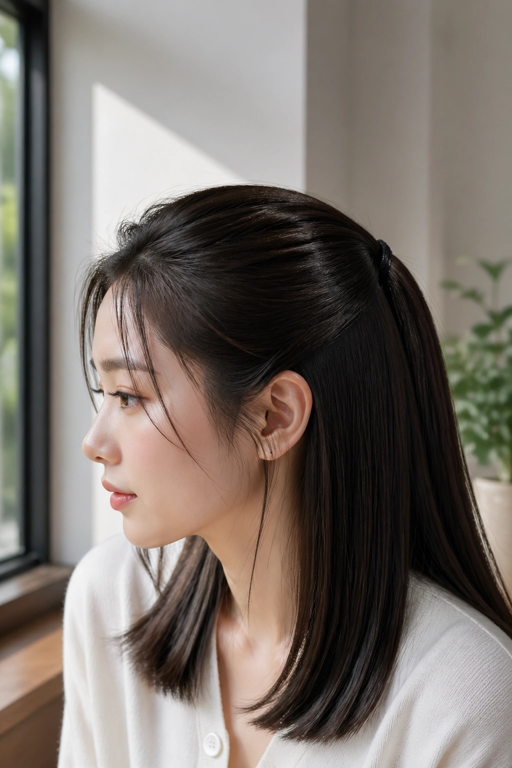 Close-up of a real woman with straight glass-hair half ponytail