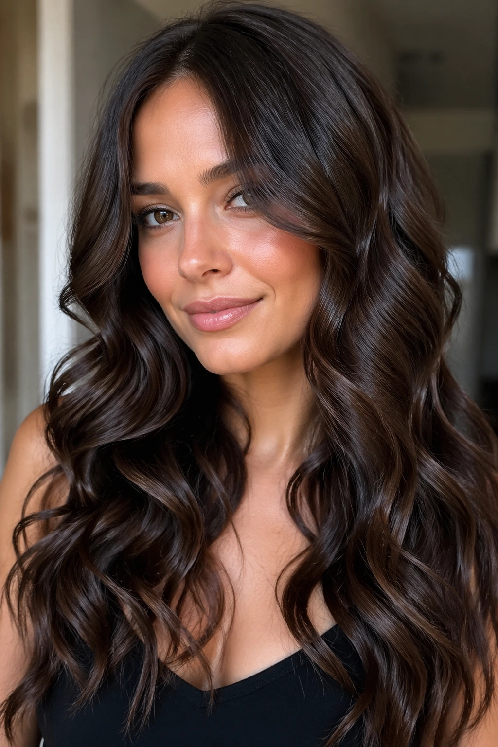 Portrait of a real woman with glossy defined waves framing the face