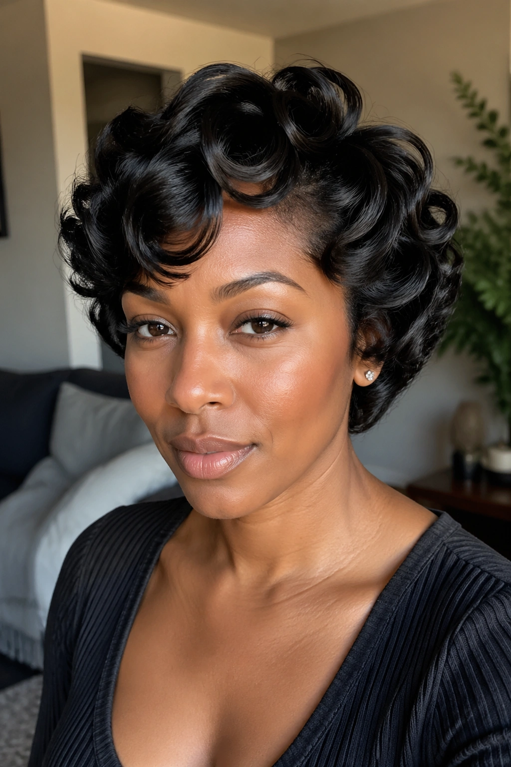 Close-up of a real woman with glossy pin curls on a short silk-pressed hairstyle.
