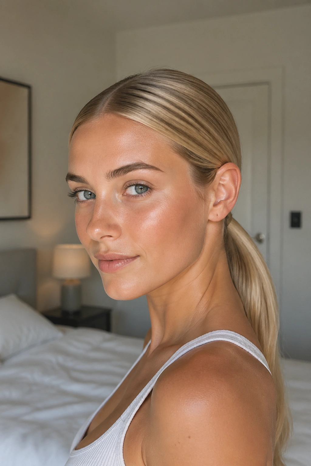 Close-up of a real woman with a glass-smooth low center ponytail at the nape.