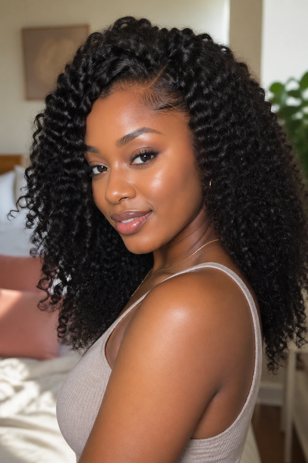 Close-up of real person wearing a curly lace wig with natural hairline