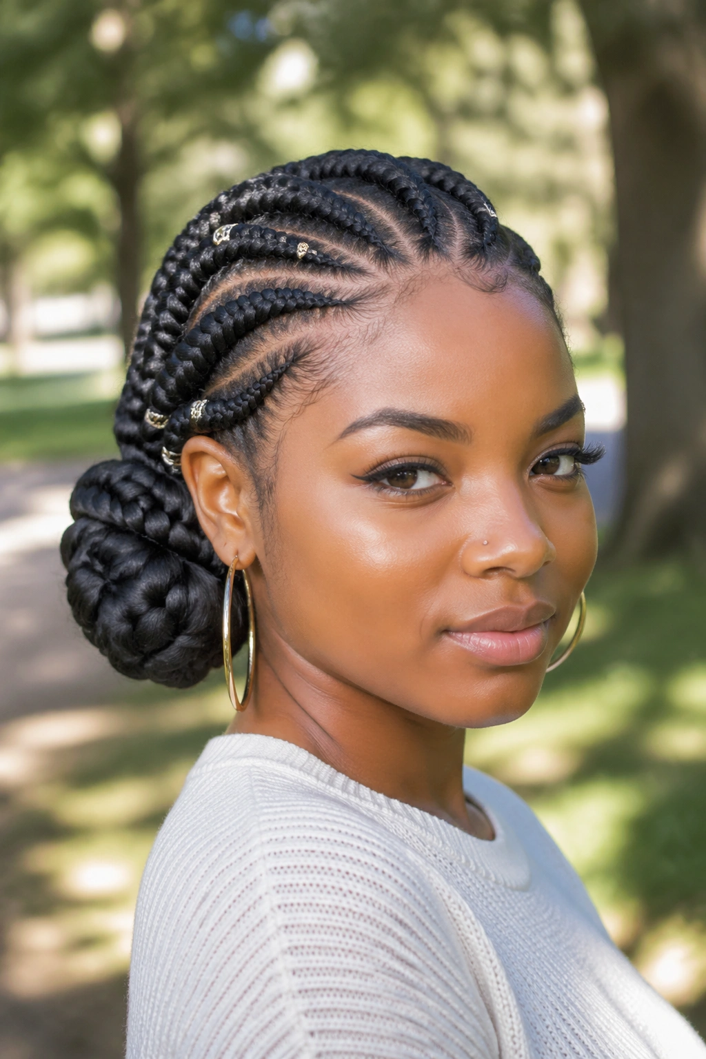 Close-up of real woman with thick goddess braids in an asymmetrical style