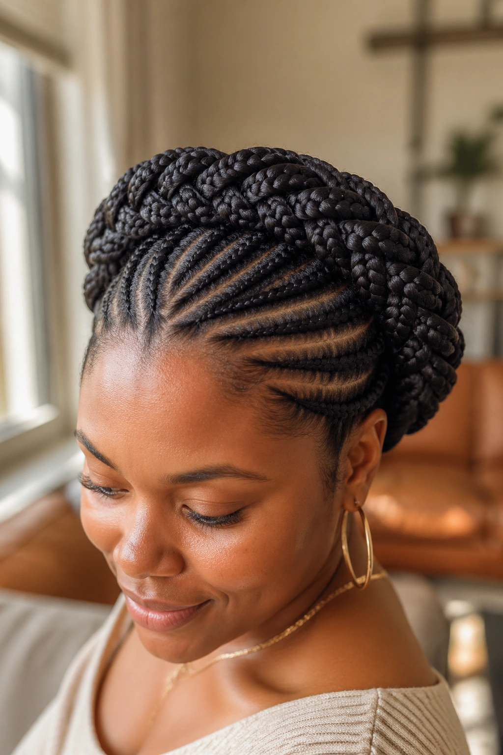 Close-up of goddess braids forming a crown around the head on a real person