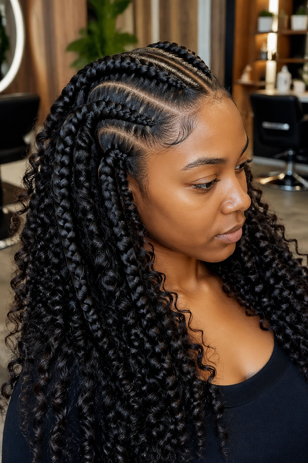 Real person with goddess braids and curly bulk hair