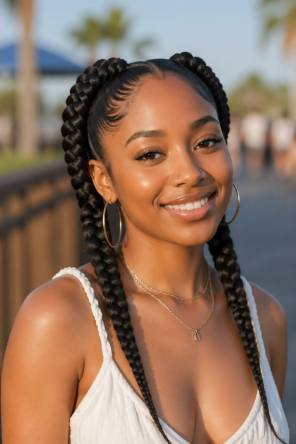 Real person with goddess braids in outdoor setting