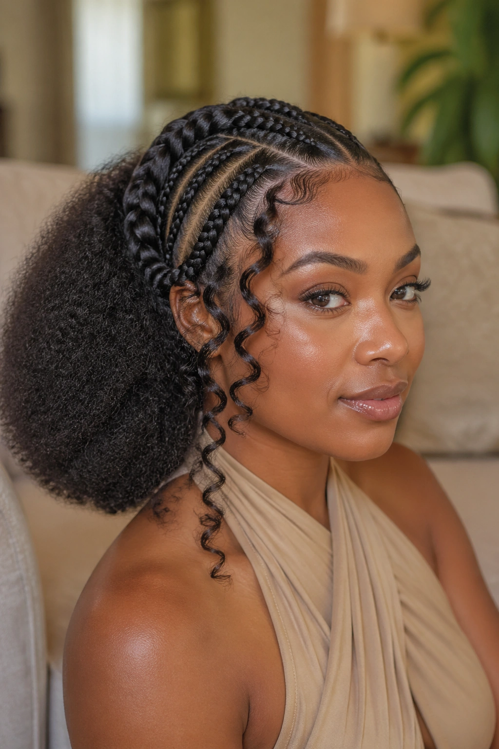 Close-up of goddess braids with tendrils and an afro back