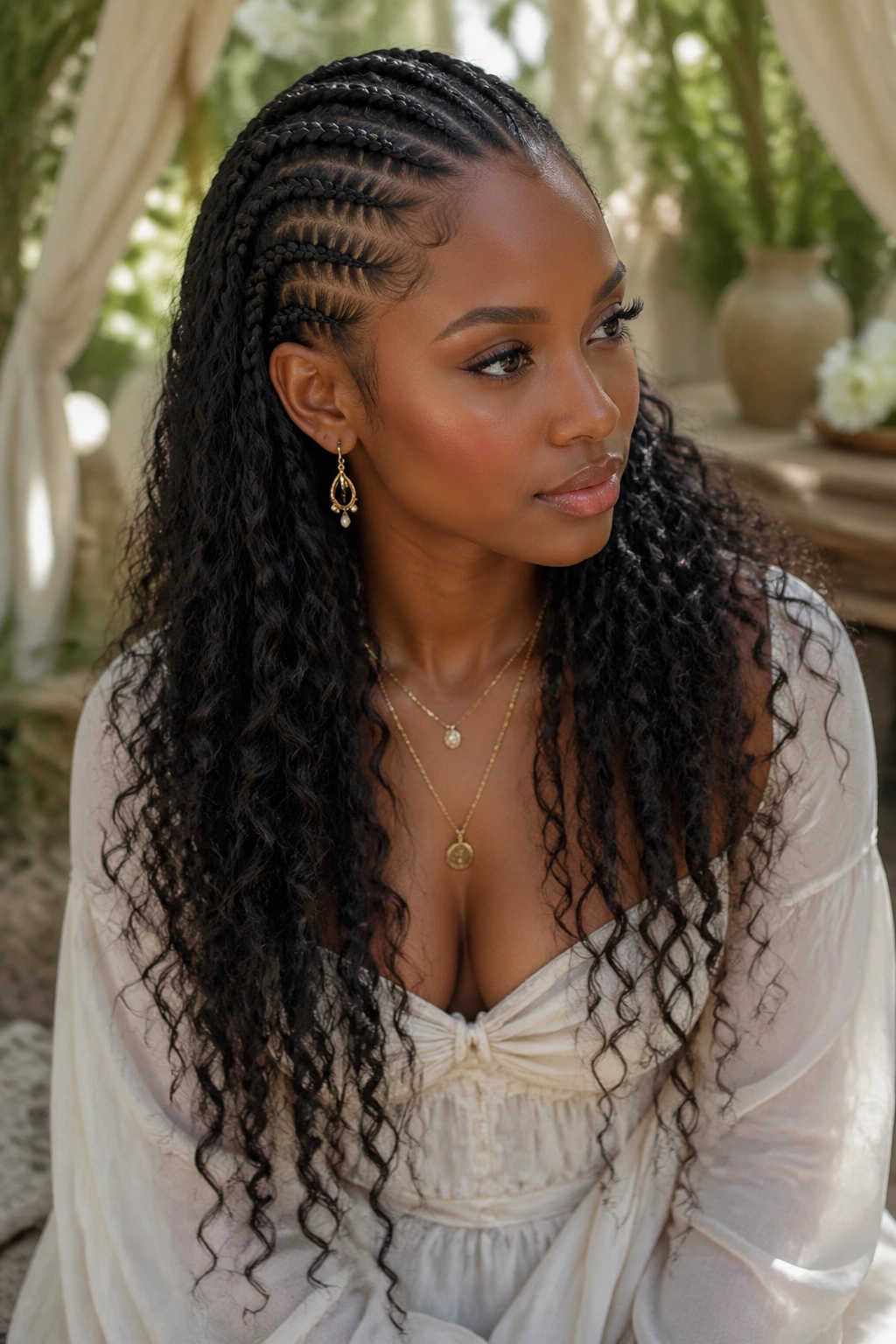 Goddess boho cornrows with pre-stretched ends on a real woman