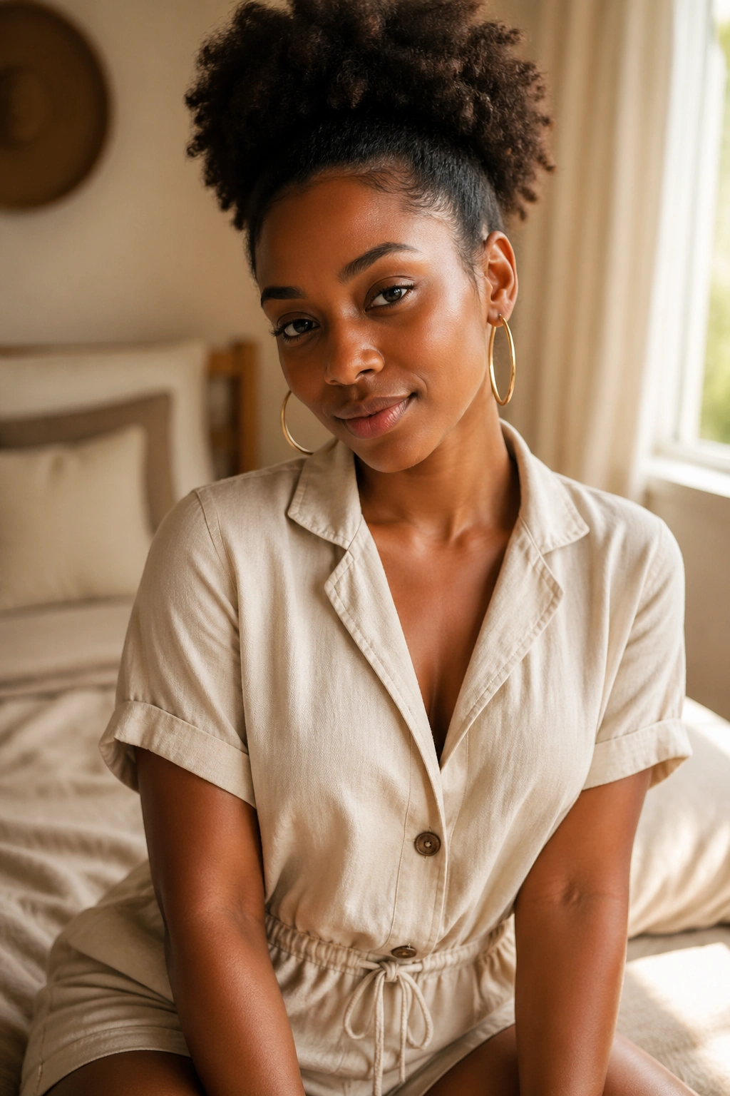 Close-up portrait of a person in a cream linen romper with large gold hoop earrings and a natural hair puff in warm indoor light