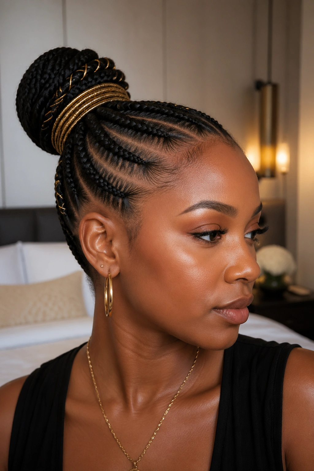 Close-up of real woman with gold thread wrapped bun