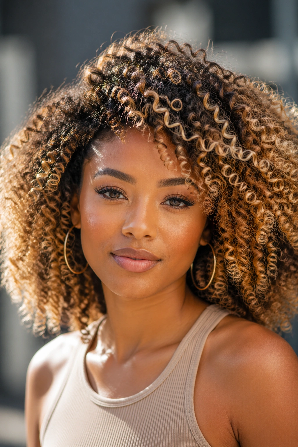 Close-up of a real person with golden blonde highlights on curly hair in outdoor sunlight