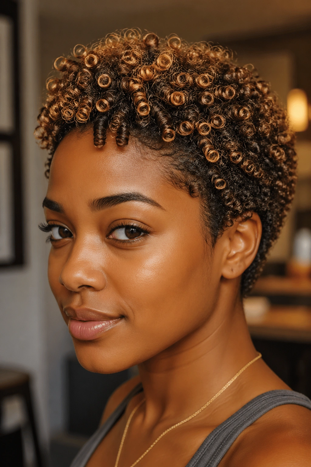 Close-up of real person with golden highlights on short curls