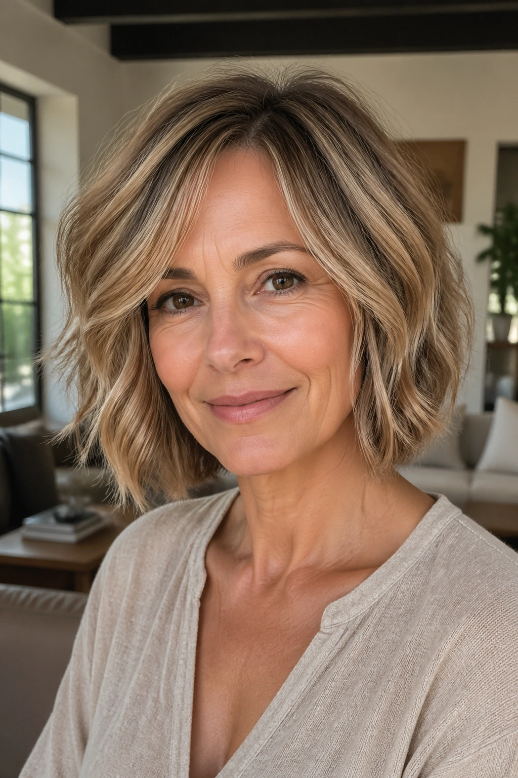 Close-up of a real woman with a graduated bob and soft, tapered ends.