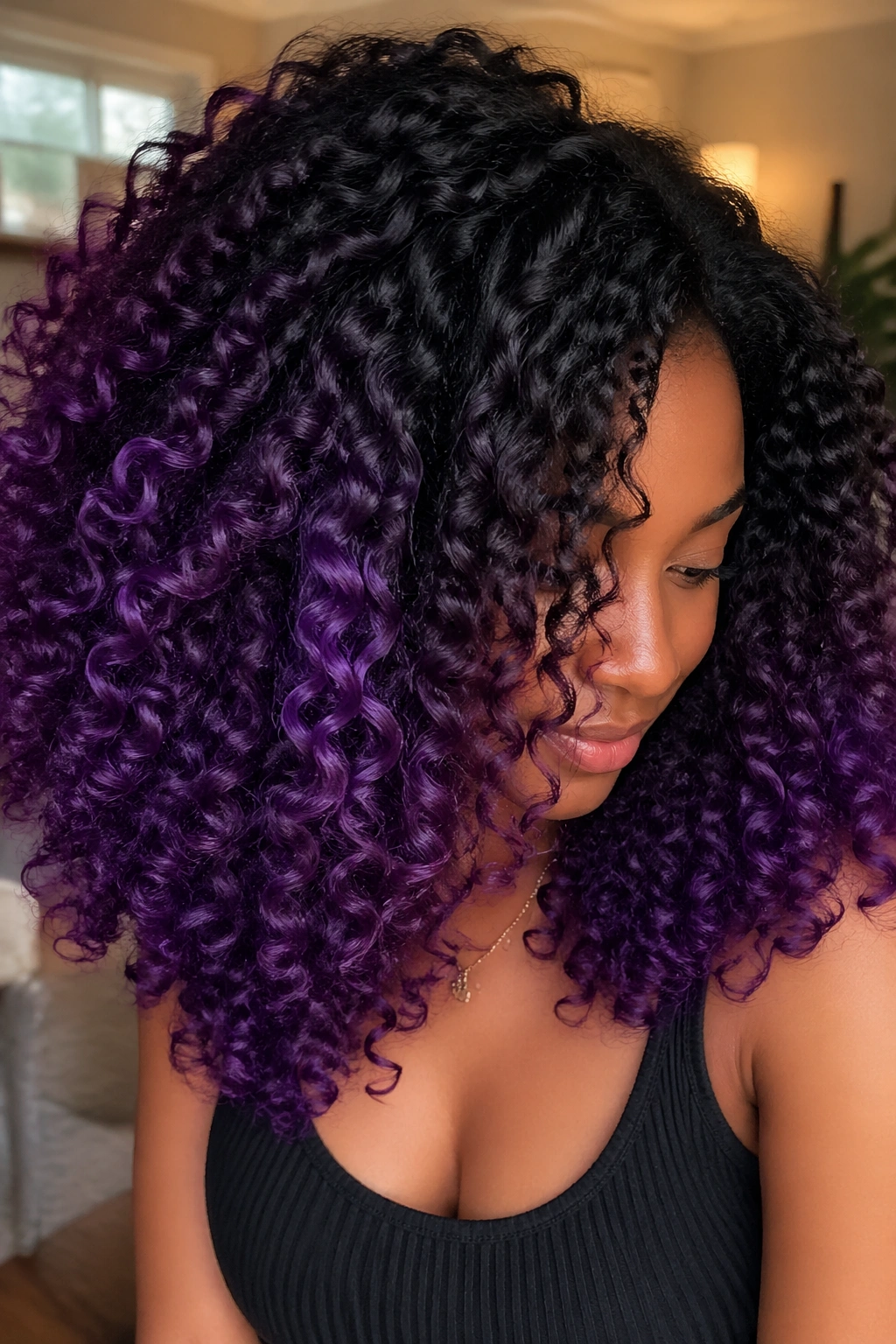 Close-up of a real woman with dark roots and grape purple balayage on curly natural hair