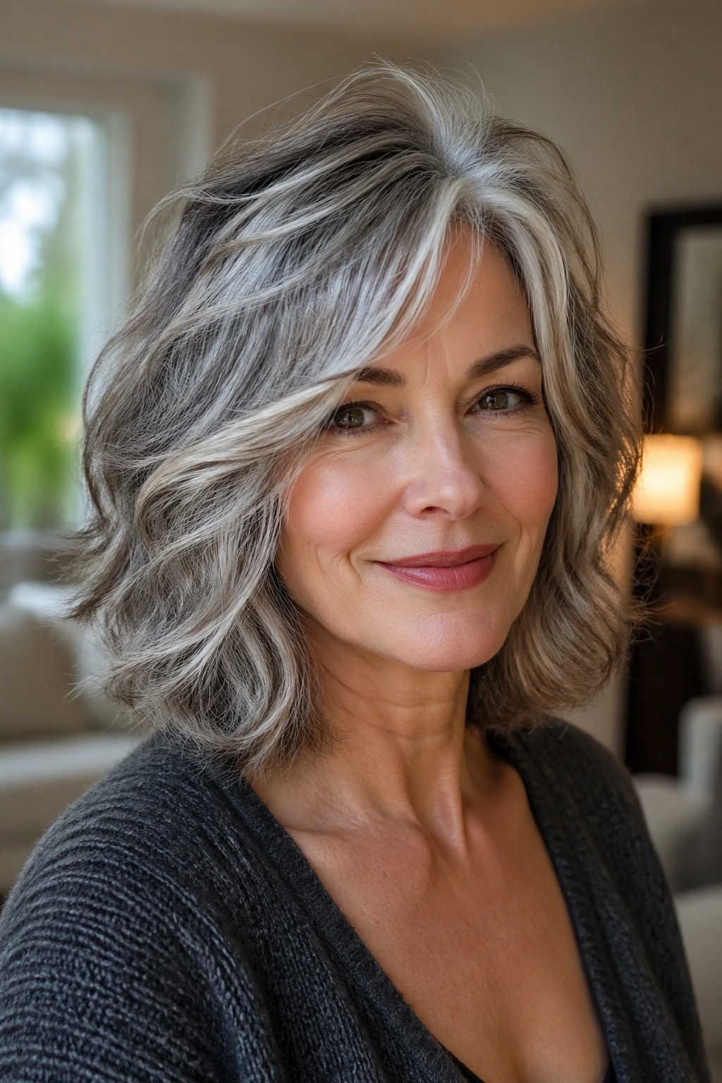 Close-up of a woman with gray-blending layered cut and light-catching layers.