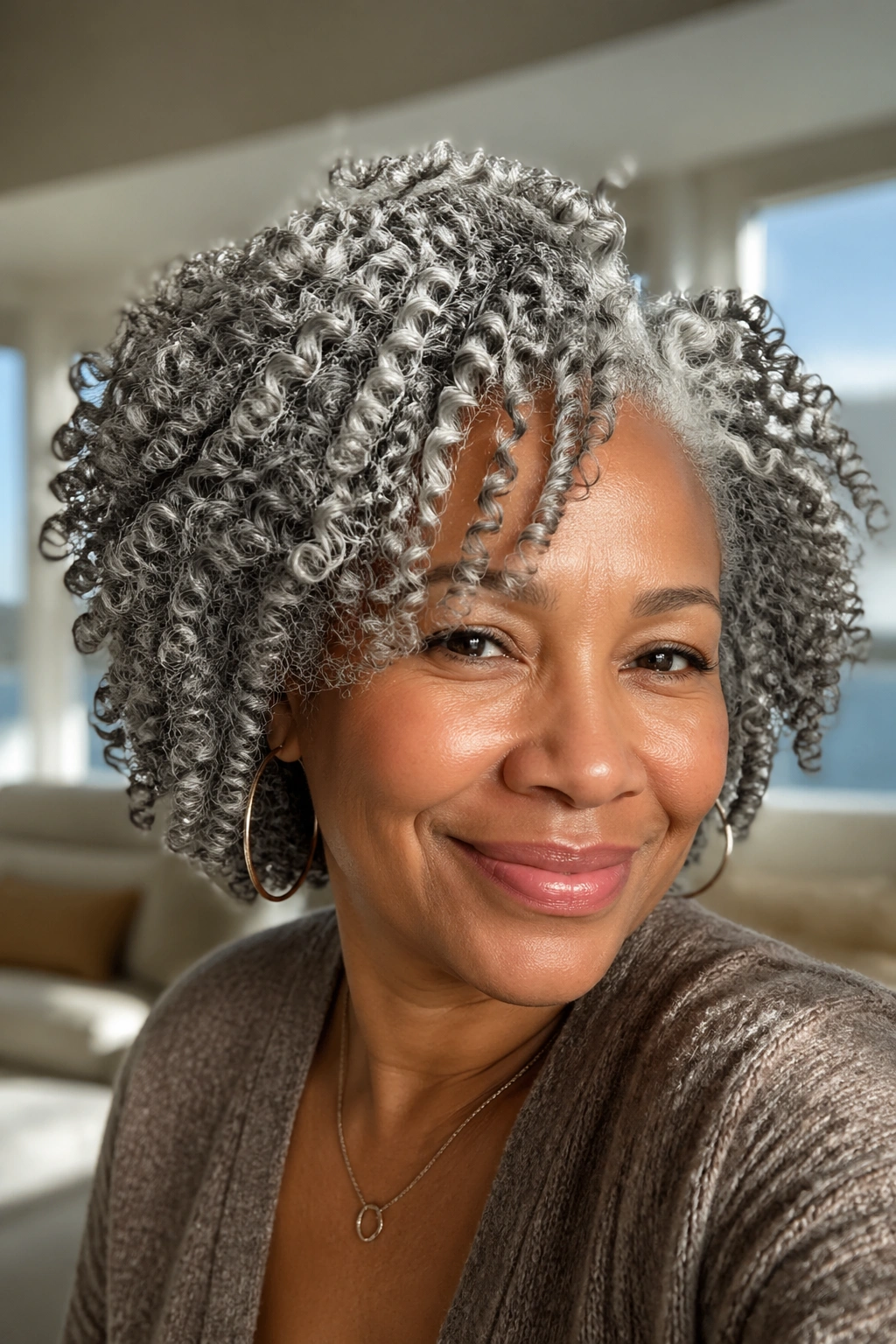 Close-up of gray twist-out on a real woman