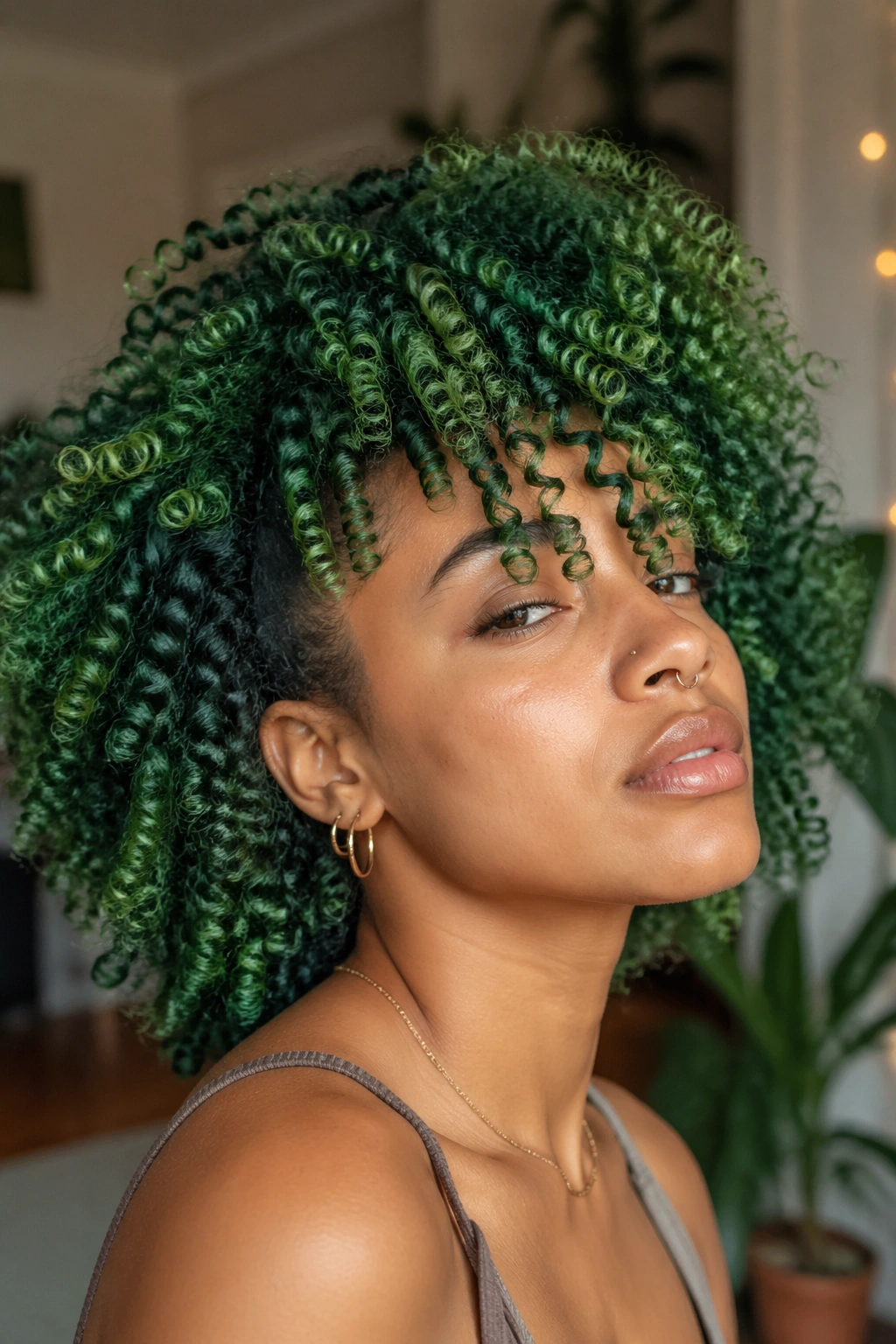 Close-up of a real woman with vivid green curly hair under natural light.