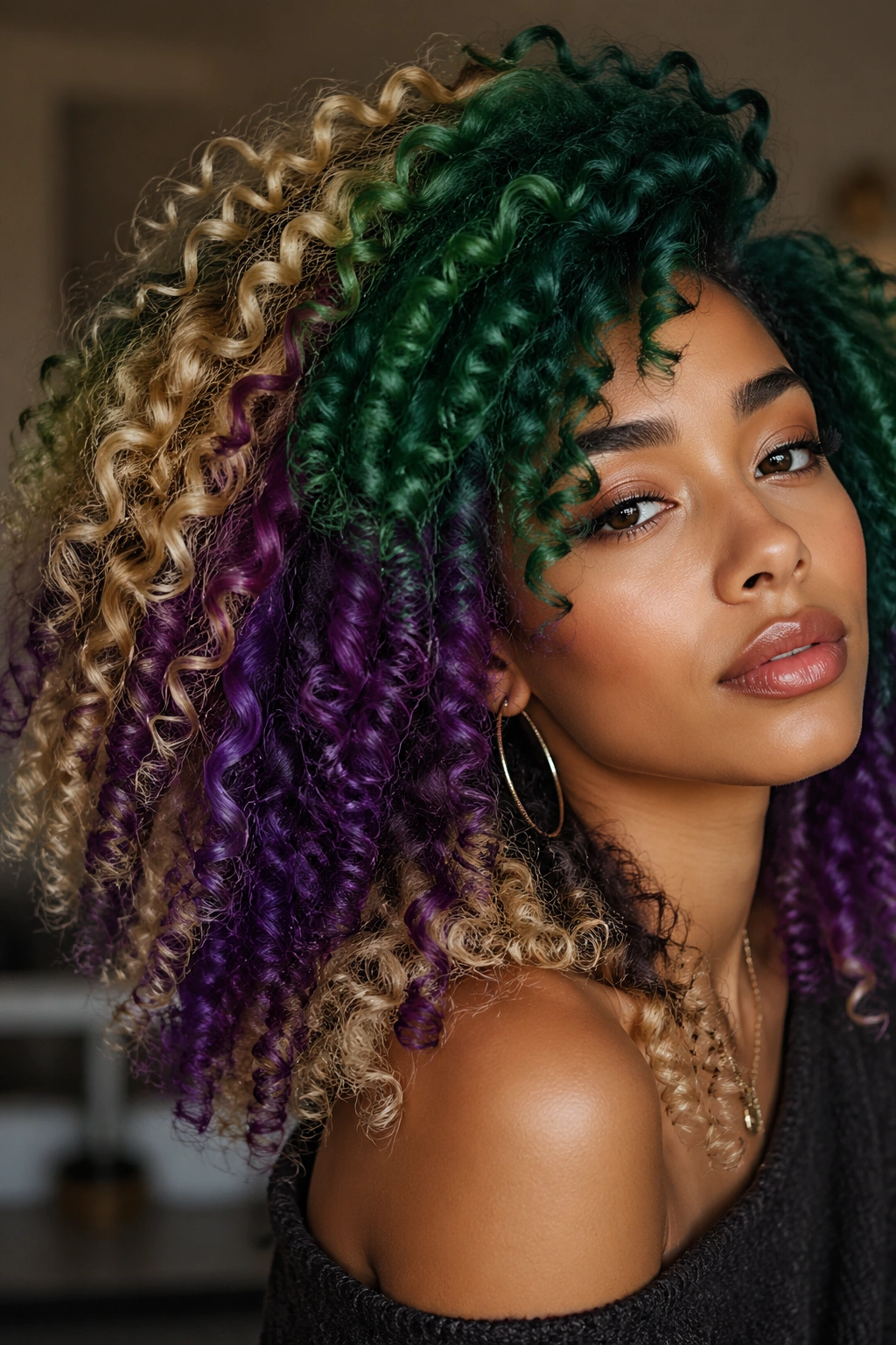 Close-up of a real person with green hair paired with purple and blonde sections.
