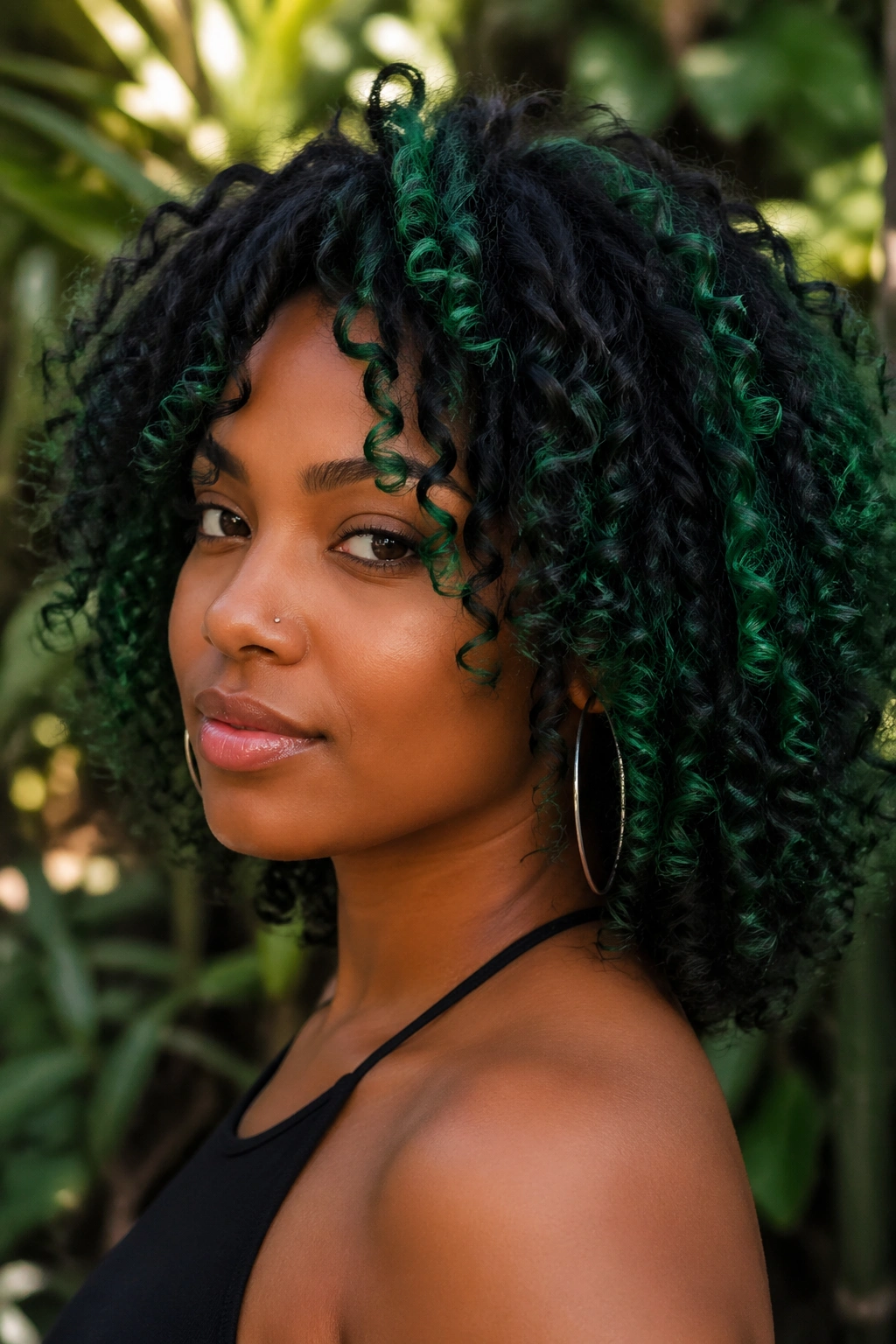 Close-up of a real woman with emerald green highlights in dark natural hair