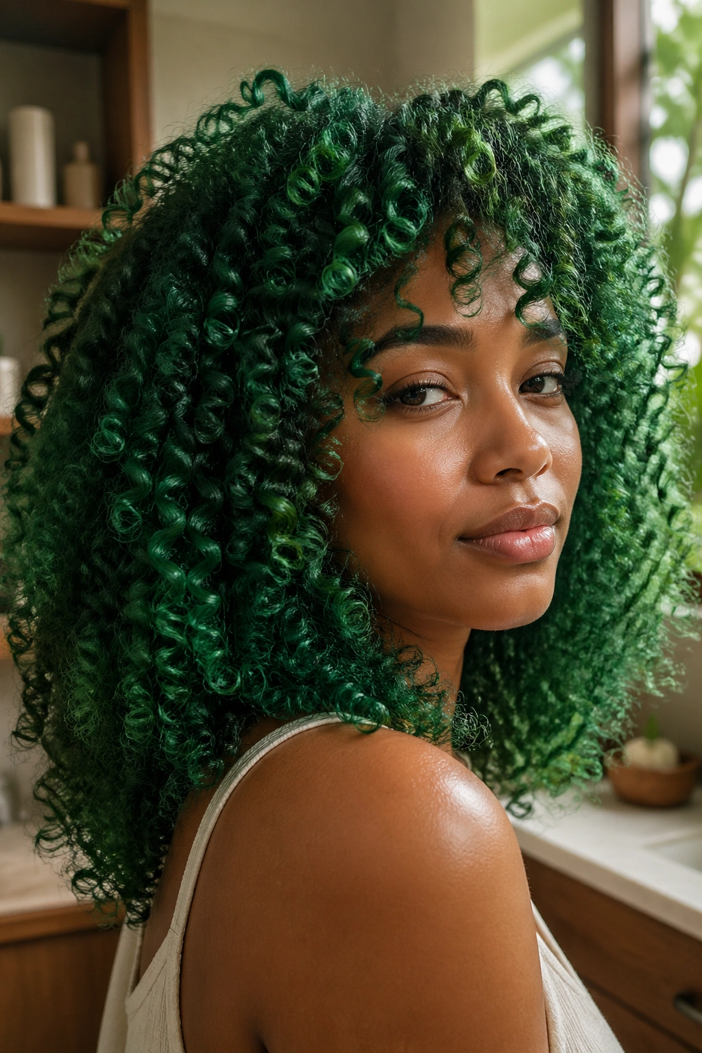 Close-up of a real person with glossy green curls in a cozy setting.