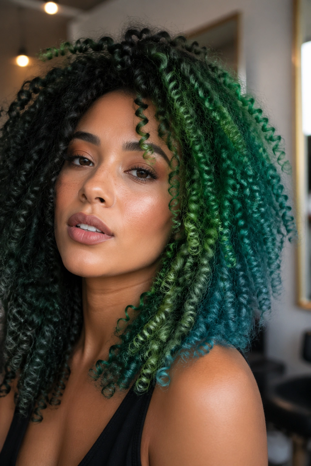 Close-up of a real person showing multiple green tones in curly hair.