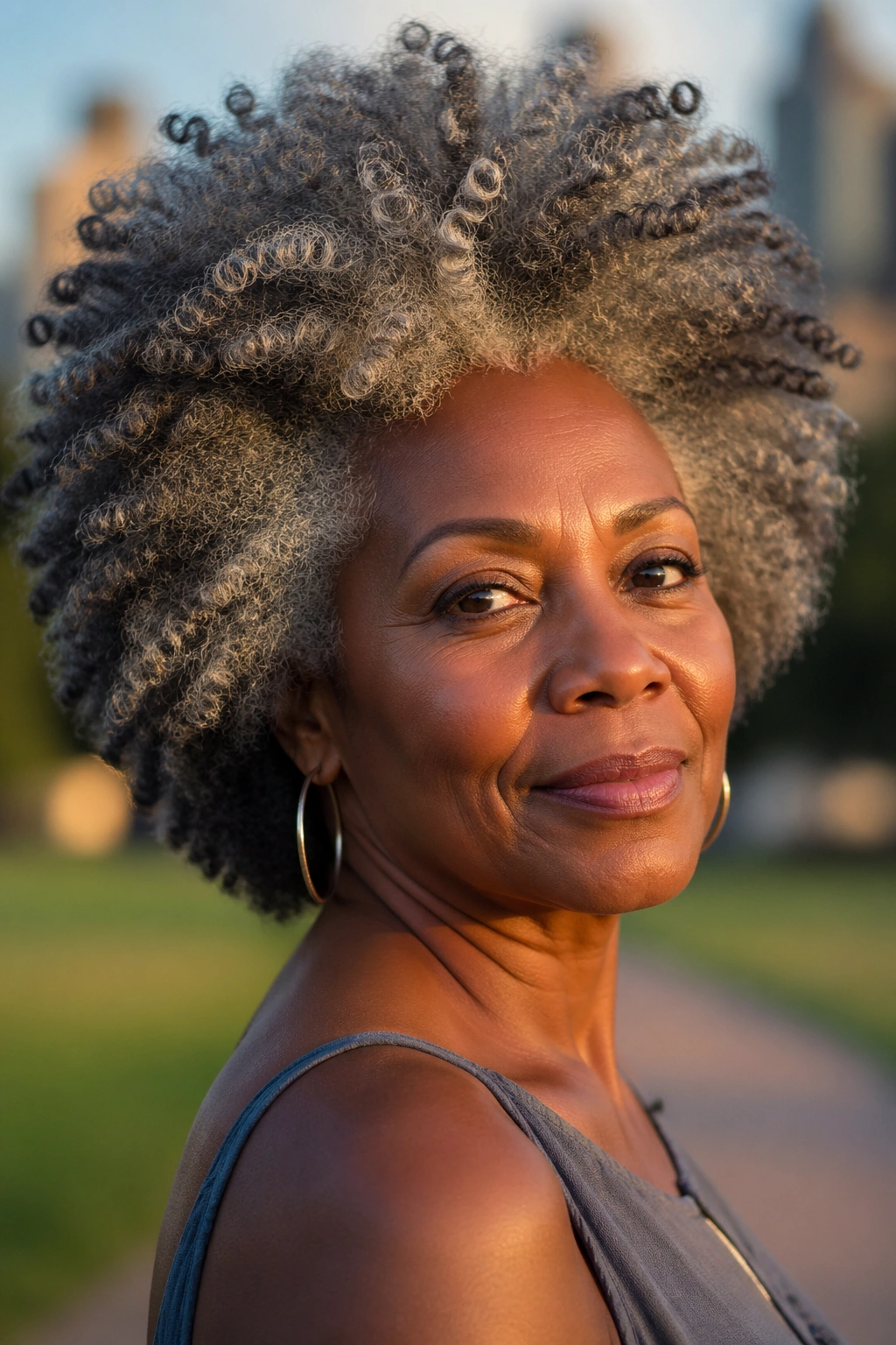 Close-up of a woman with a full grey afro in outdoor light