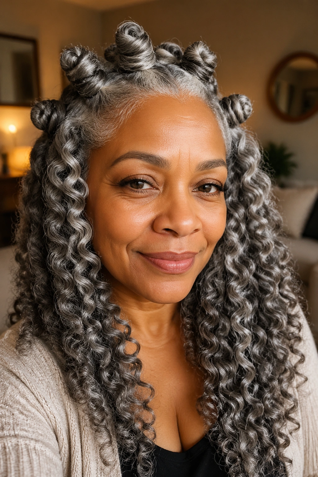 Close-up of long grey hair in Bantu knots and luminous ringlets