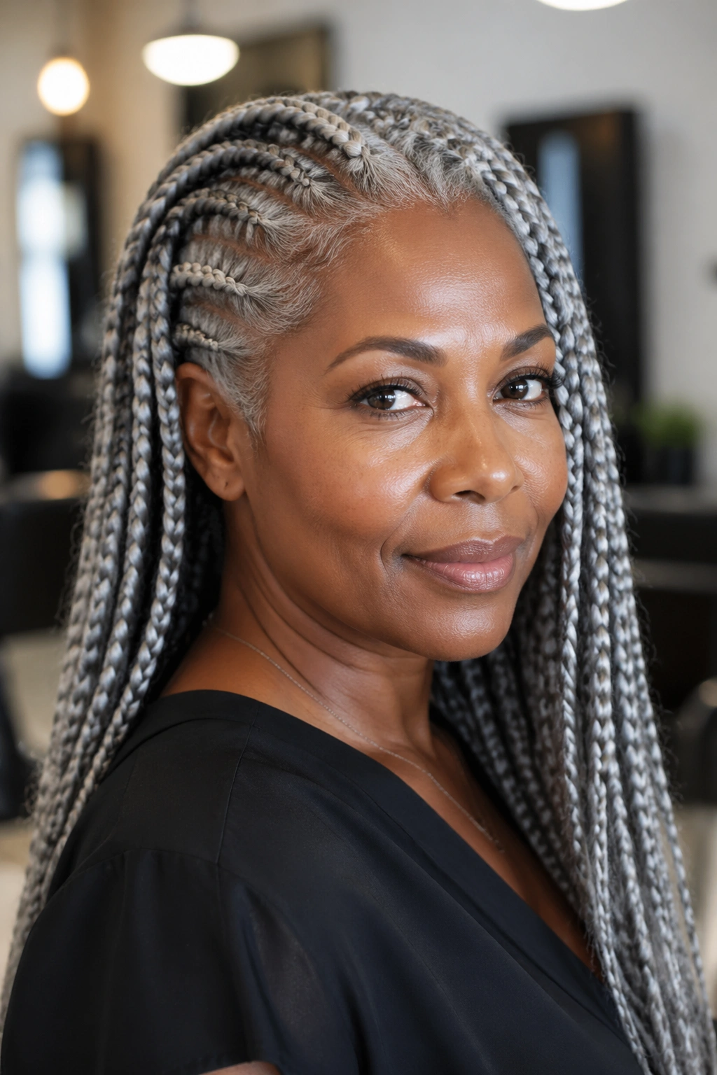 Close-up of a real woman with long grey curls in a protective box braid style