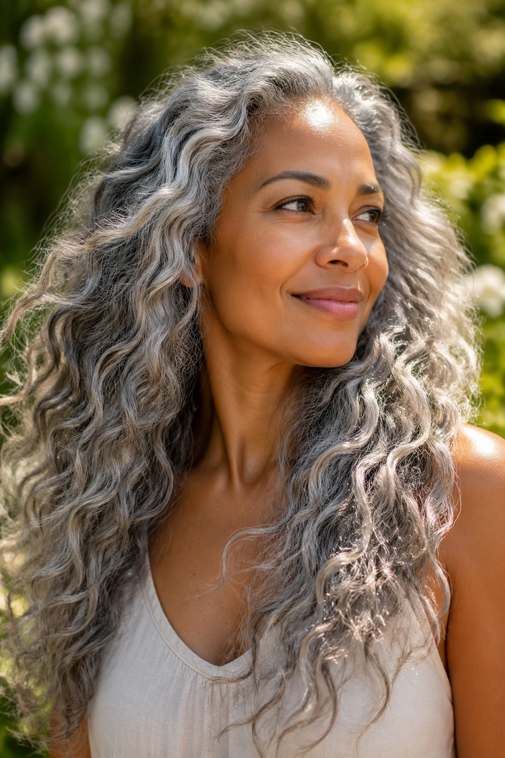 Close-up of a woman with a braid-out on long grey hair in a sunny garden.