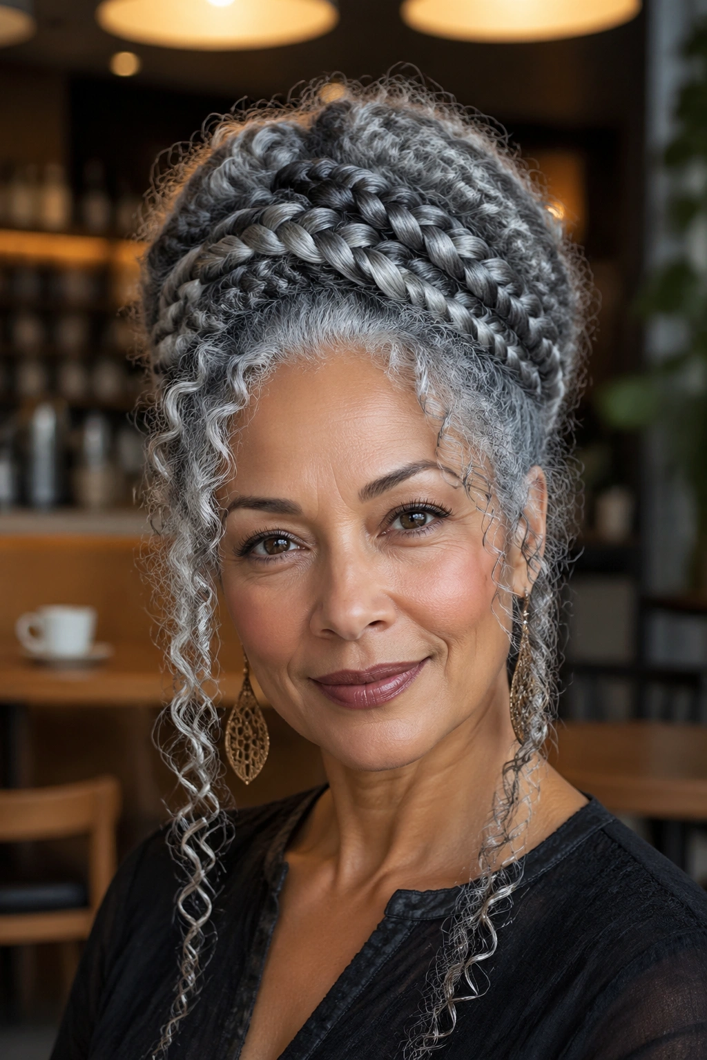 Close-up of a woman with an elaborate braided updo on long grey hair.
