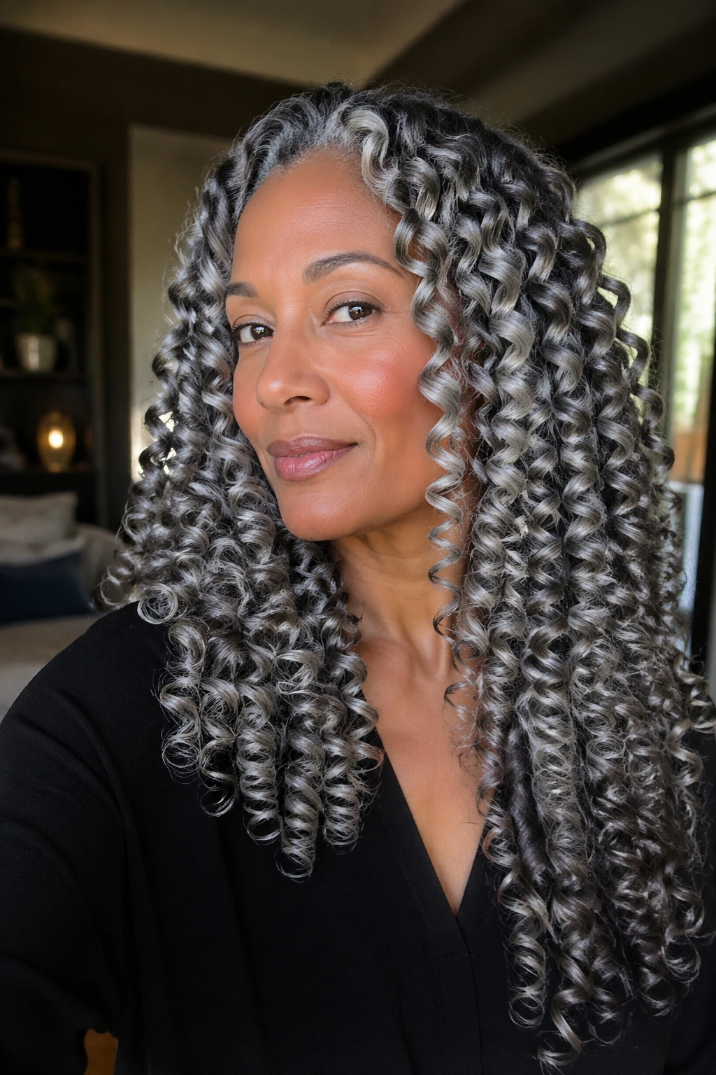 Close-up portrait of a real woman with long grey curly hair in uniform spirals
