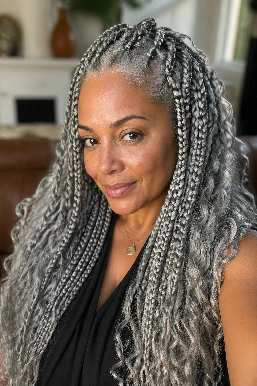 Close-up of a real woman with long grey goddess braids and visible grey roots
