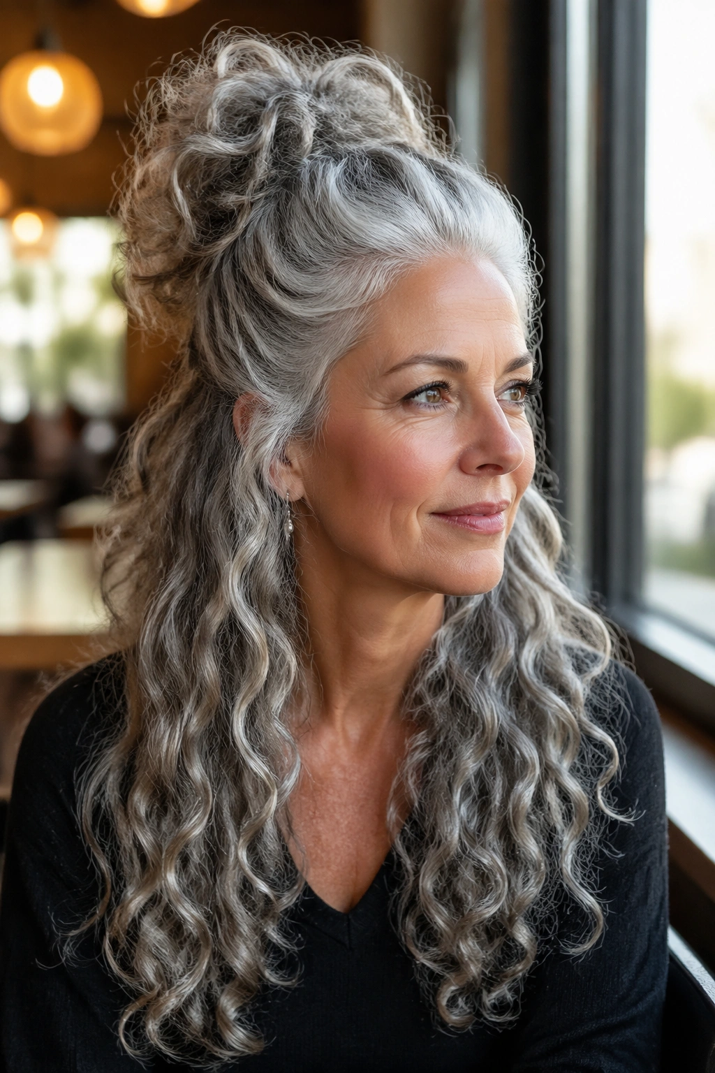Close-up of a woman with a half-up grey curls hairstyle in a cafe setting.