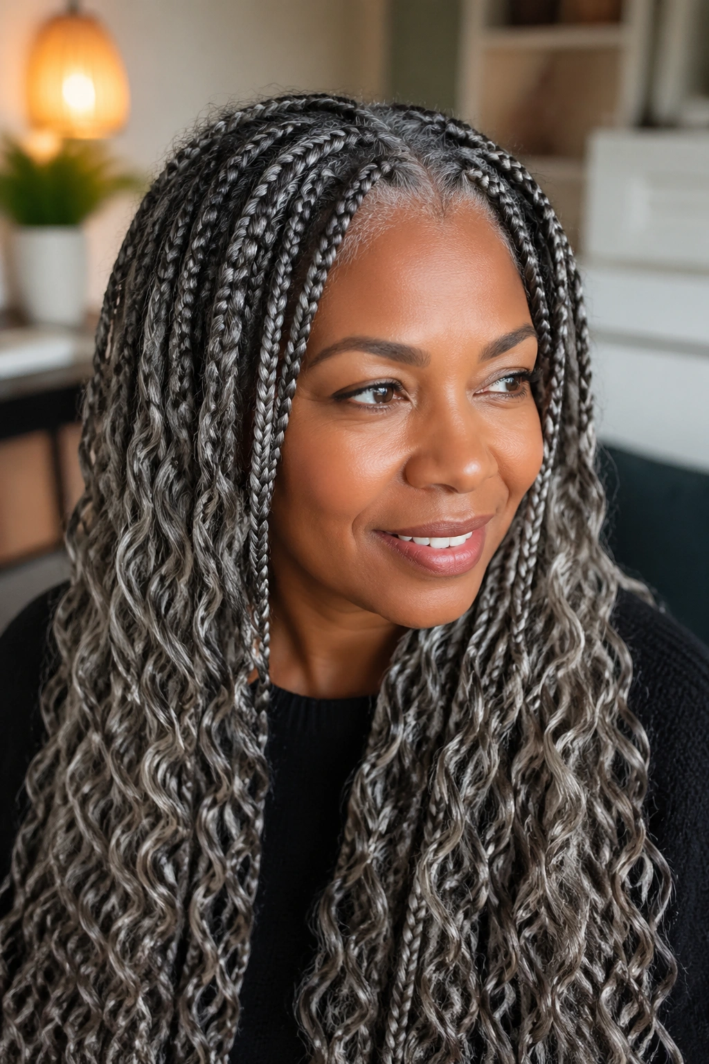 Portrait of woman with long grey knotless braids and natural roots