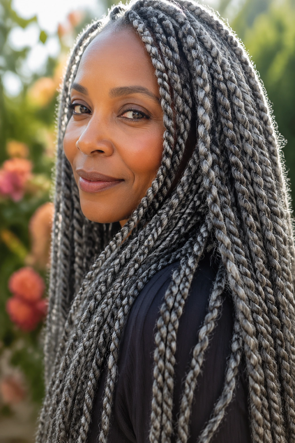 Close-up of long grey hair in Senegalese twists