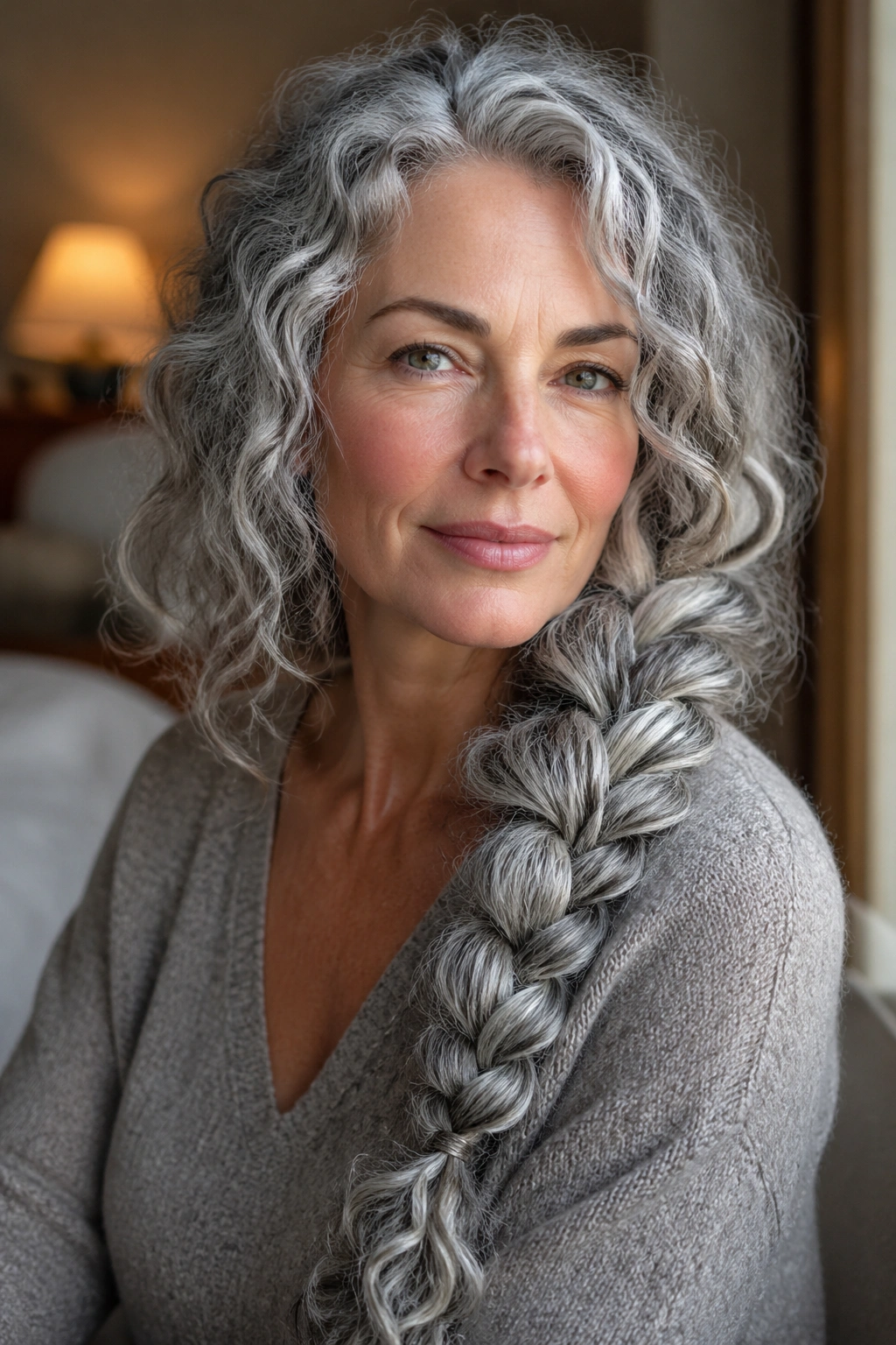 Close-up of long grey hair styled in a side braid