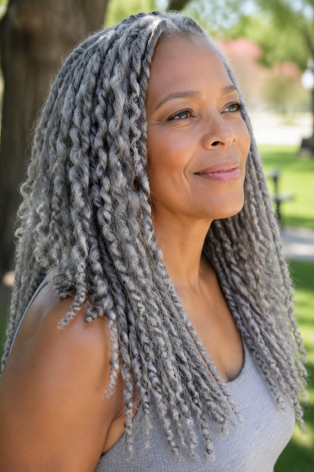 Close-up of a real woman with long grey twist-out curls in a sunlit outdoor setting.