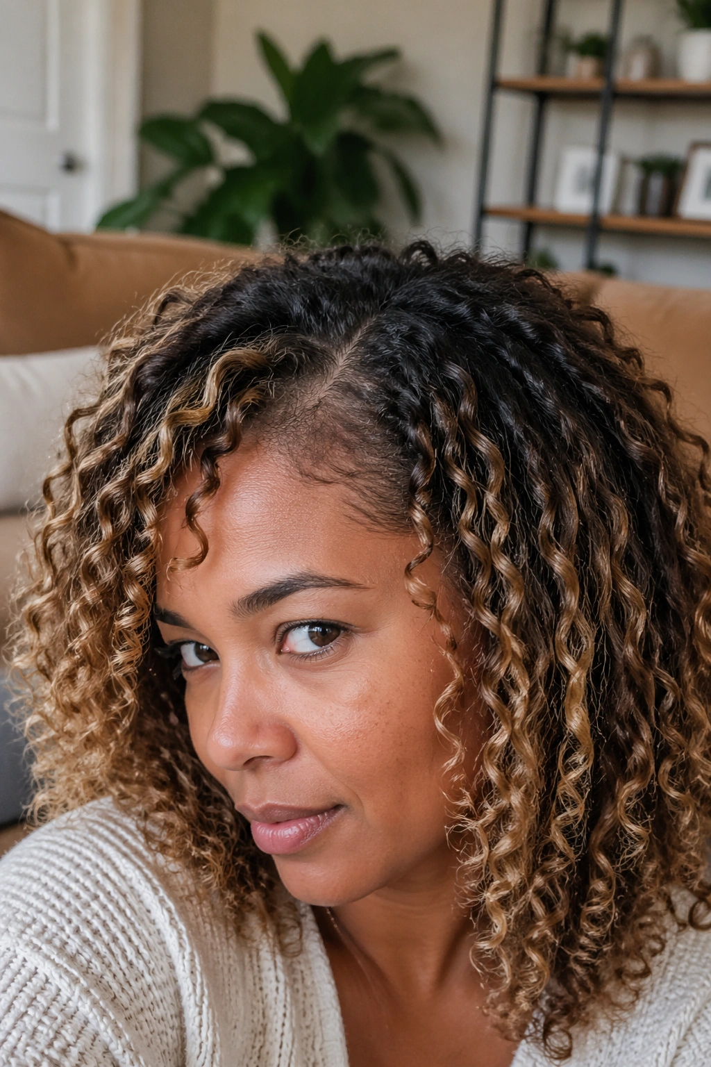 Close-up of real person with grown-out blonde highlights showing dark roots