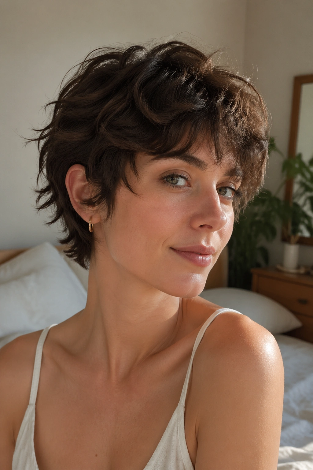 Close-up portrait of a real person with a Grown-Out Pixie Shag hairstyle in soft morning light