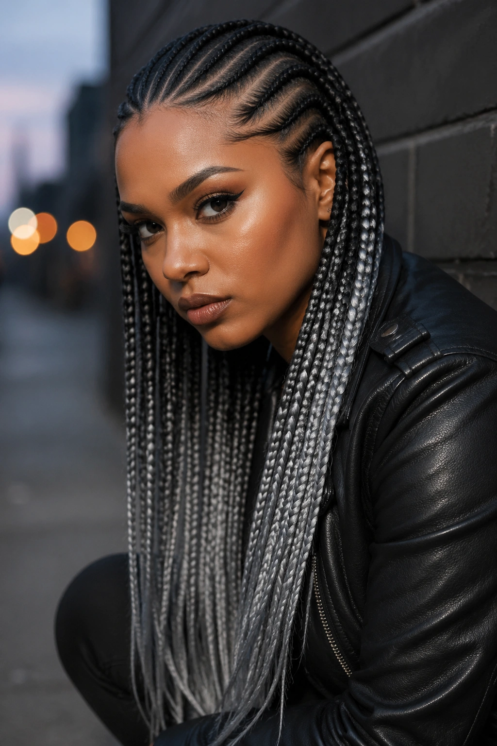 Close-up of gunmetal ombre cornrows on a real person, urban dusk backdrop.