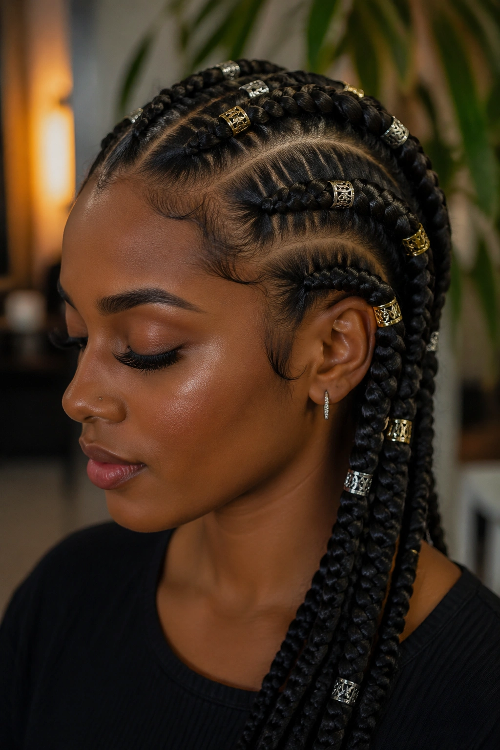 Real woman wearing feed-in cornrows with metal cuffs
