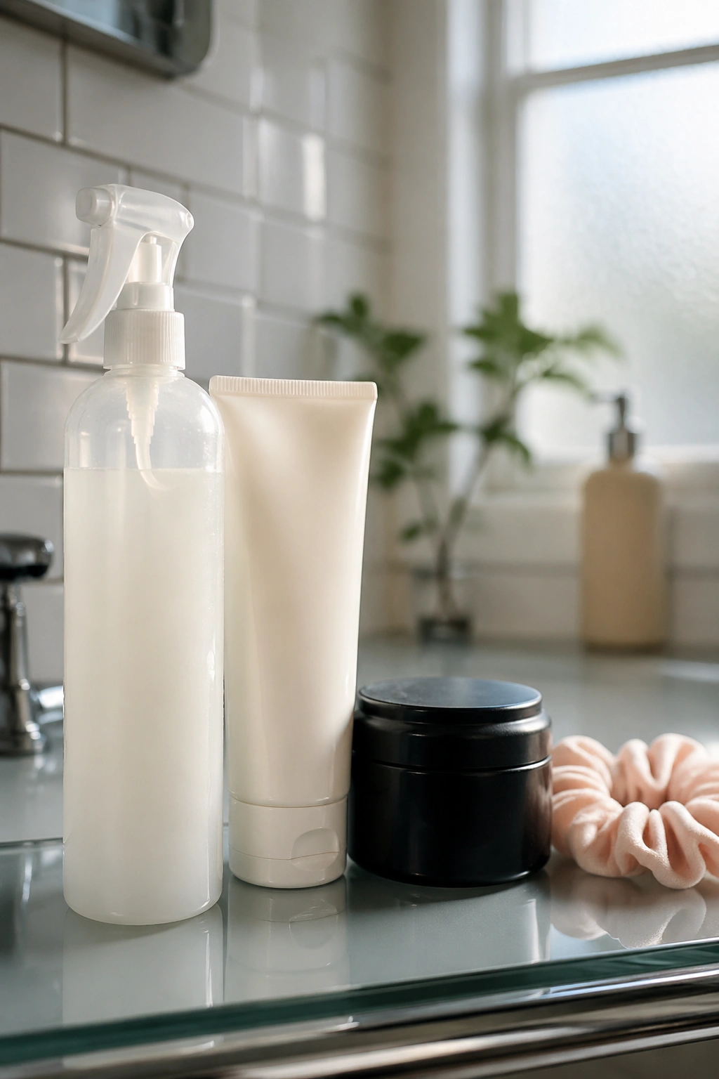 Four unlabeled bottles on a bathroom vanity under natural light
