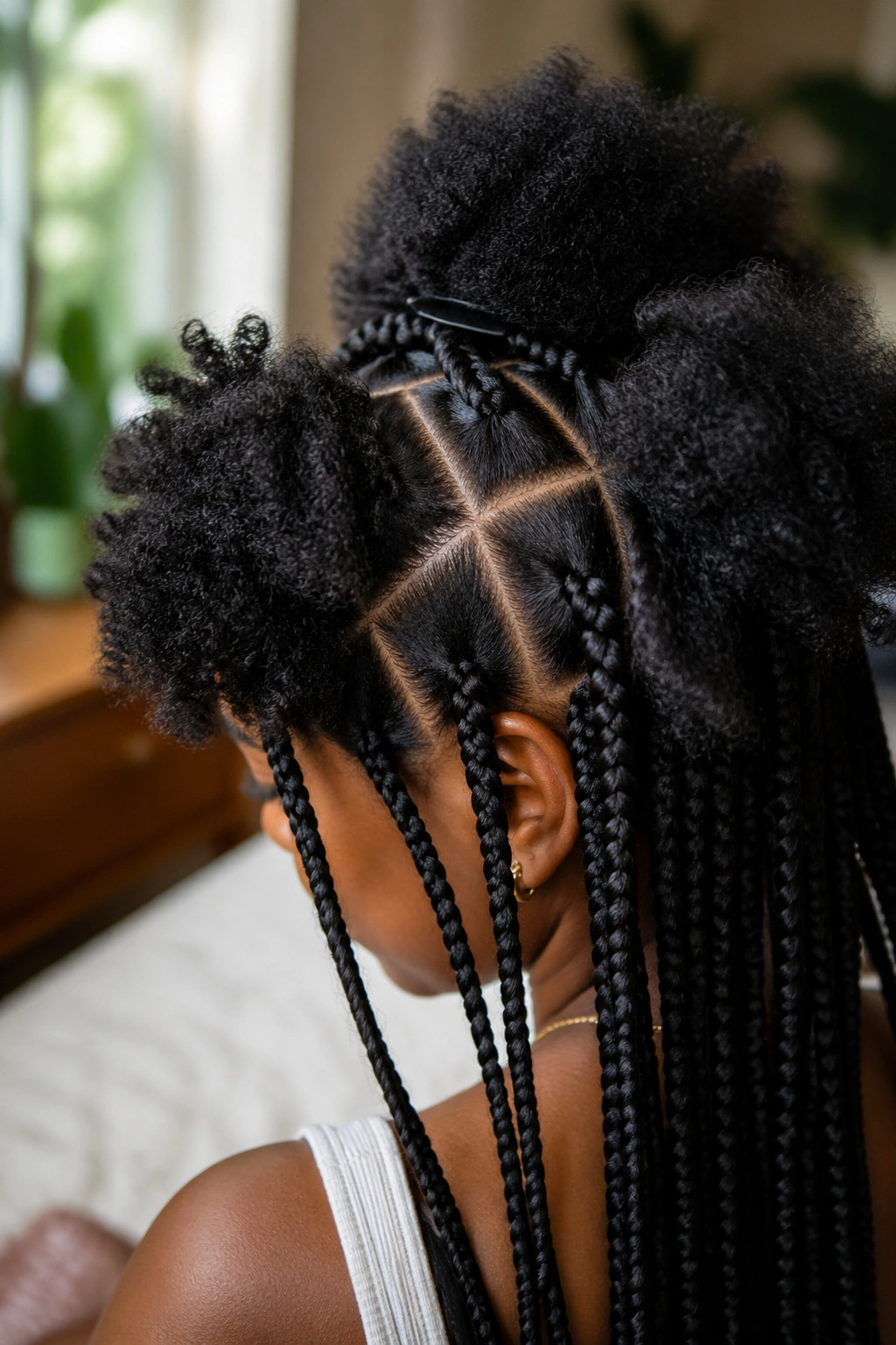 Close-up showing precise scalp parts on a real woman's head