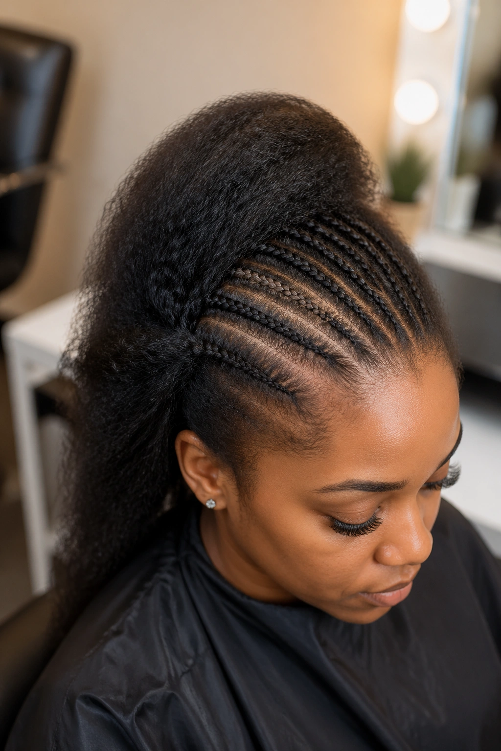 Close-up of prepared hair with front cornrow base ready for installation.