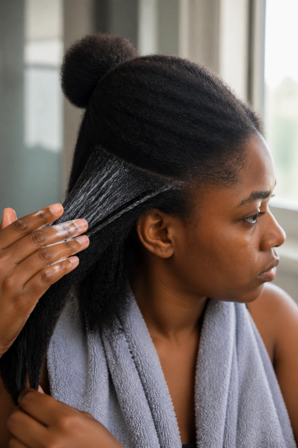 Close-up of moisturized, stretched hair during prep